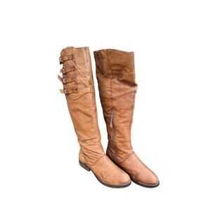Steve Madden Midori Cognac Brown Leather Riding Boots Distressed Womens 9